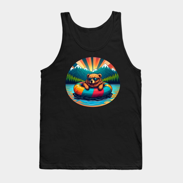 Grizzly Bear in Sunglasses Floating on a Lake with Mountains and Trees Tank Top by Pine Hill Goods
